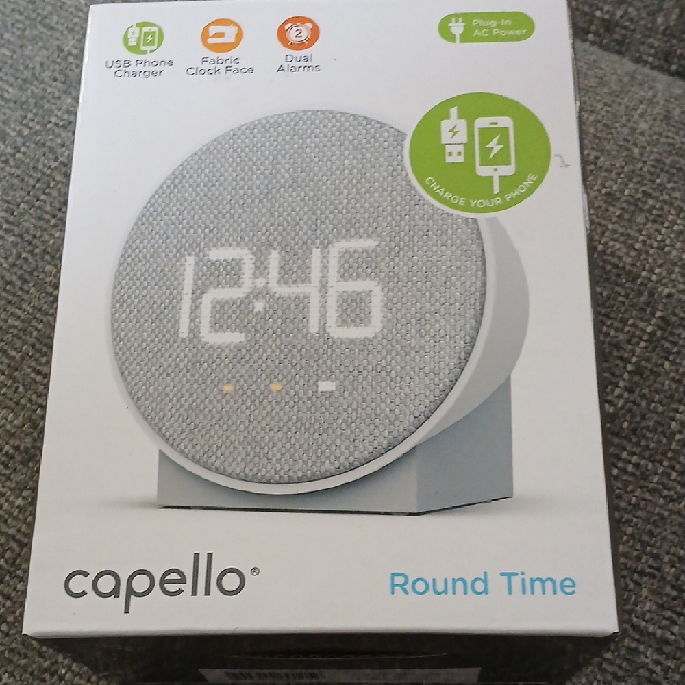 Capello Round Time Gray Alarm Clock with USB Charger